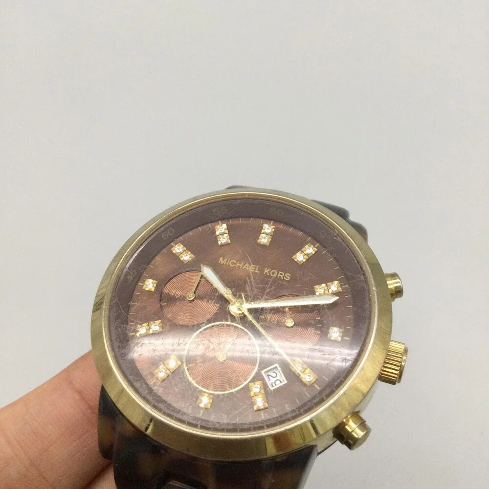 Michael Kors Womens Watch 43mm MOP FAUX Tortoise Chrono New Battery 7.25